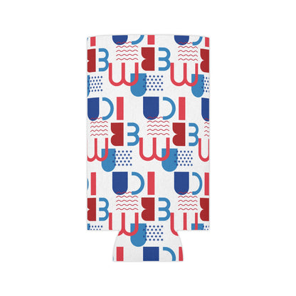 Red Blue Geometric Pattern Can Cooler | Abstract Retro Shapes