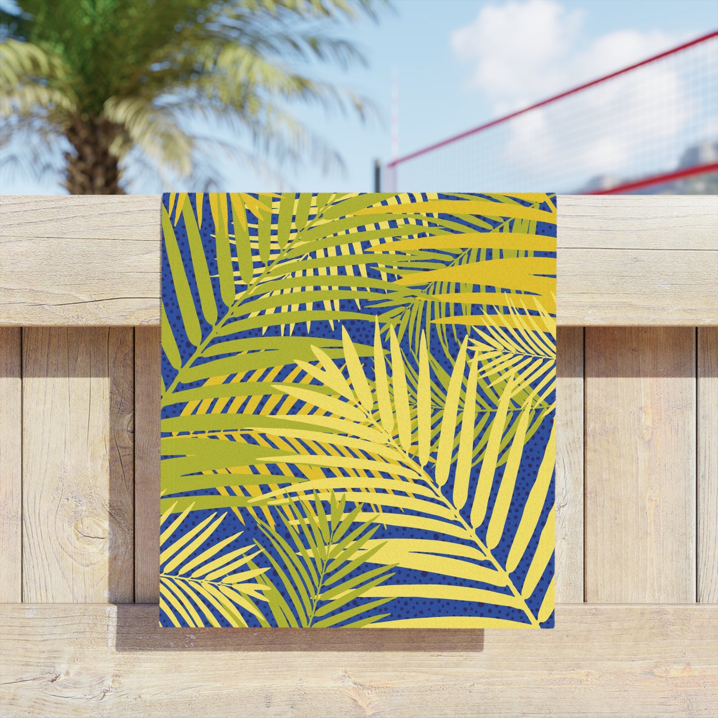 Tropical Palm Leaves Beach Towel | Yellow Palm Fronds on Blue