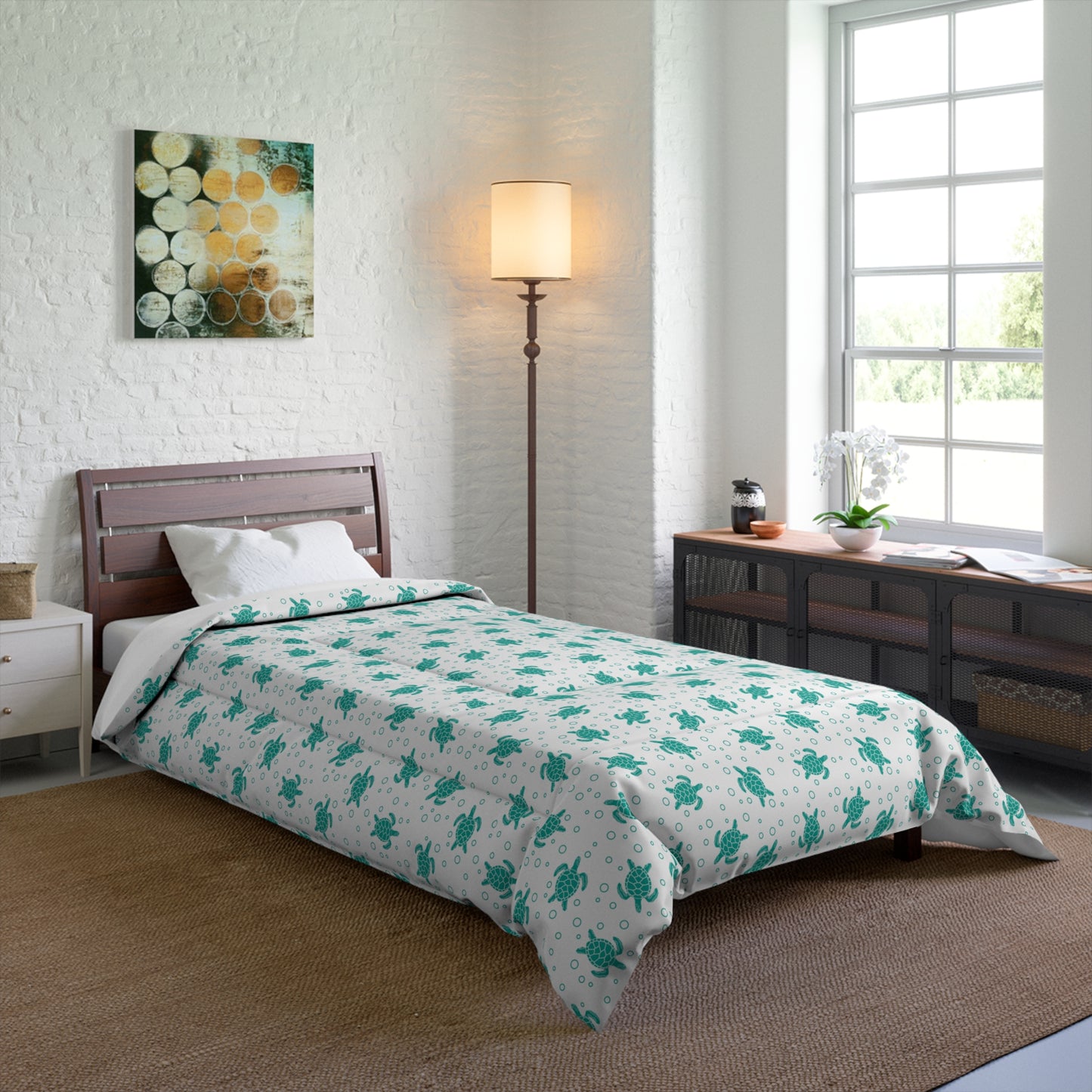 Turquoise Floral Pattern Comforter | Teal Flower All-Over Print
