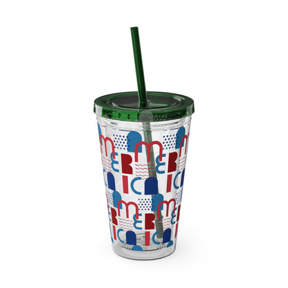 Red Blue Abstract Beach Pattern Tumbler | 16oz Straw Cup