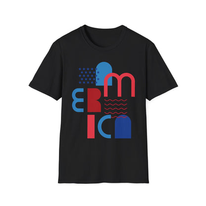 America typographic graphic T-Shirt | Red Blue USA stars waves