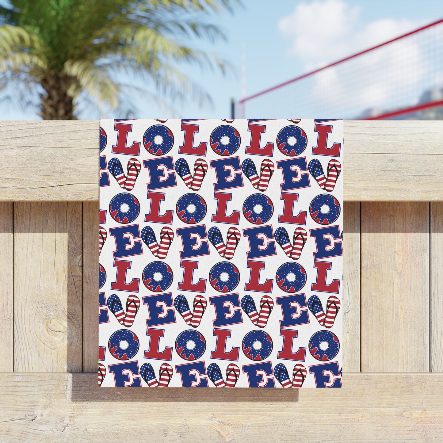 Patriotic LOVE Pattern Beach Towel | American Flag Heart, Red Blue Letters