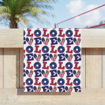 Patriotic LOVE Pattern Beach Towel | American Flag Heart, Red Blue Letters