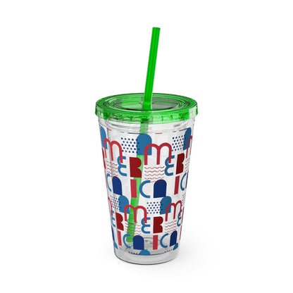 Red Blue Abstract Beach Pattern Tumbler | 16oz Straw Cup
