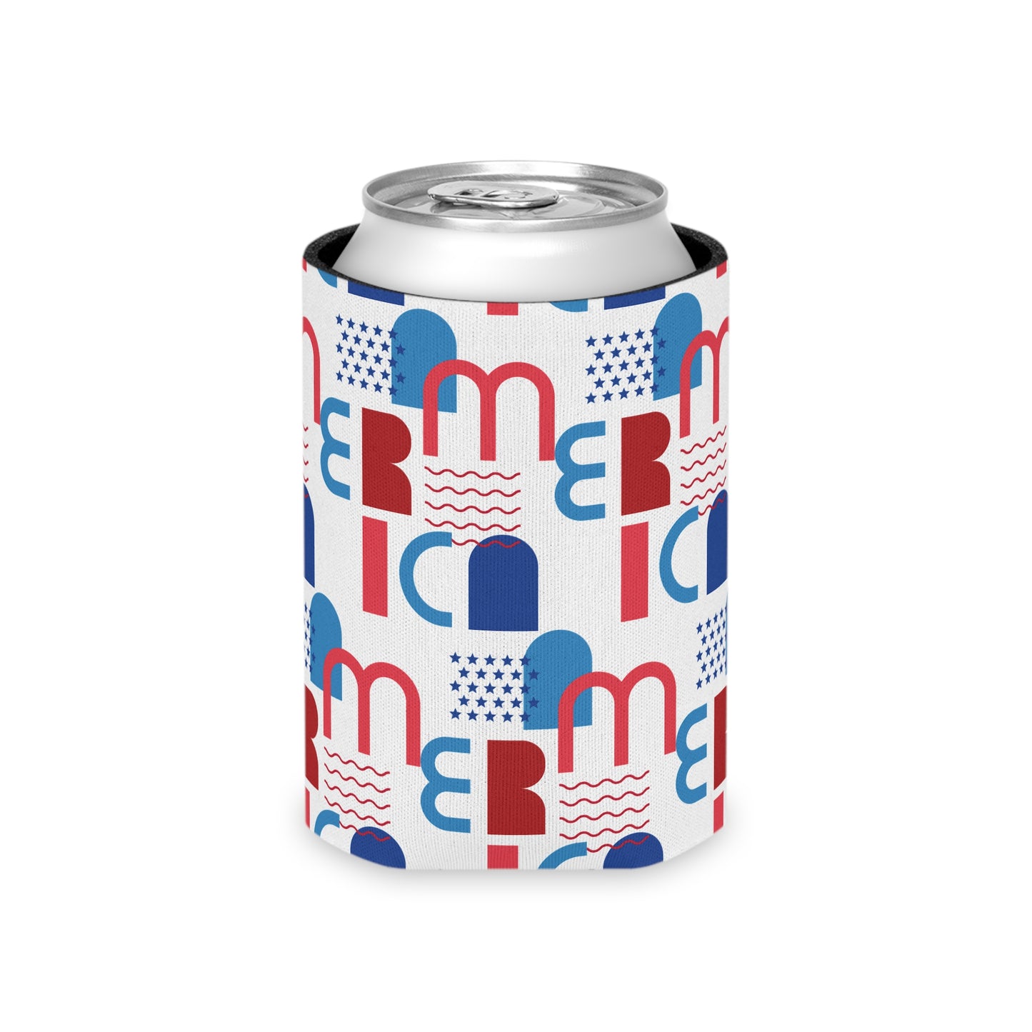 Red Blue Geometric Pattern Can Cooler | Abstract Retro Shapes