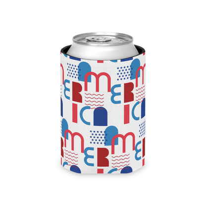 Red Blue Geometric Pattern Can Cooler | Abstract Retro Shapes