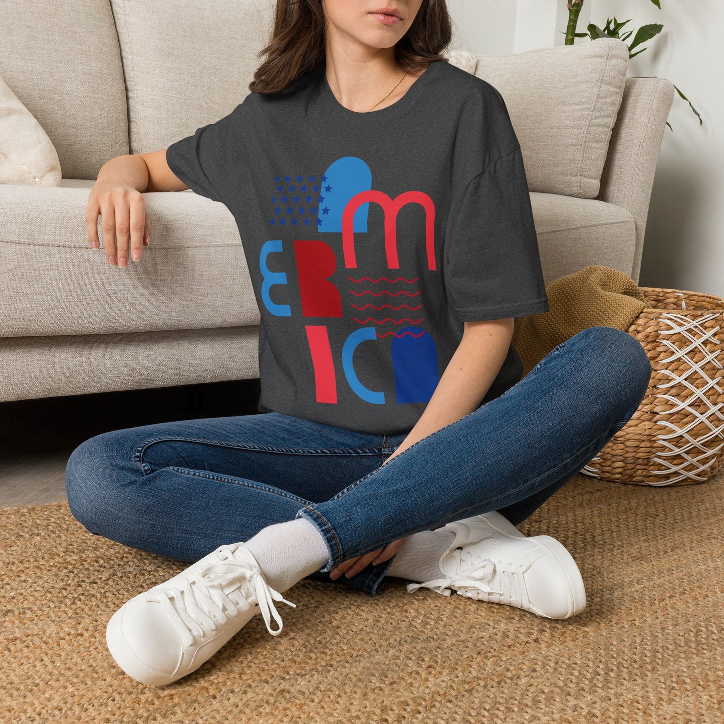 America typographic graphic T-Shirt | Red Blue USA stars waves