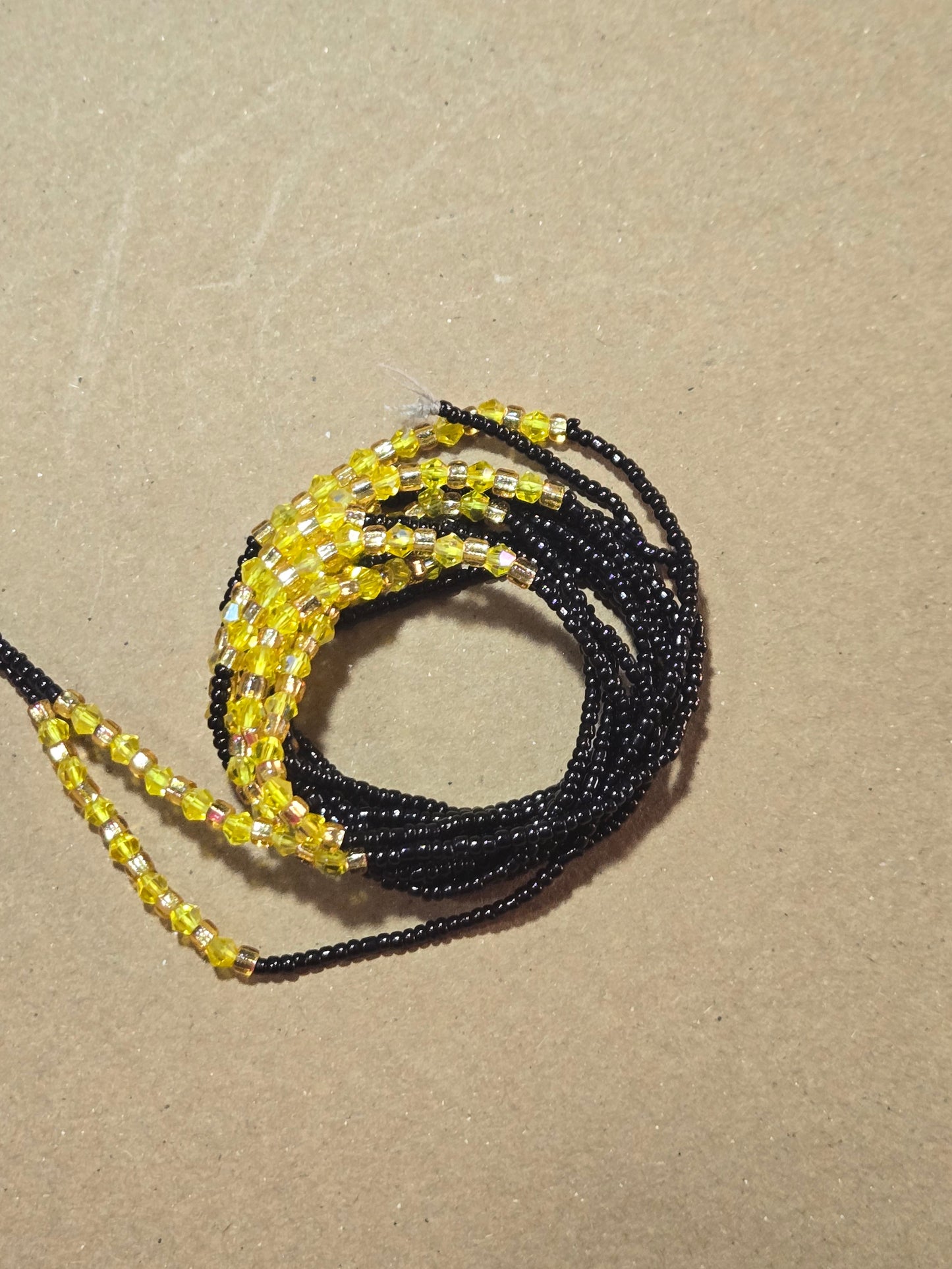 Black Waist Beads with Yellow Crystals – Handmade African Tie-On