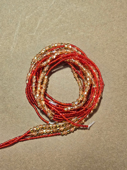 Red Waist Beads with Gold Crystals – Handmade African Tie-On