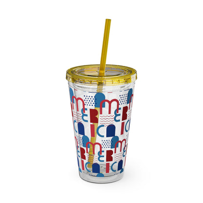 Red Blue Abstract Beach Pattern Tumbler | 16oz Straw Cup