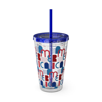 Red Blue Abstract Beach Pattern Tumbler | 16oz Straw Cup