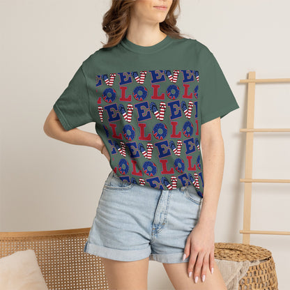 Patriotic LOL Pattern T-Shirt | Red White Blue Text Tee