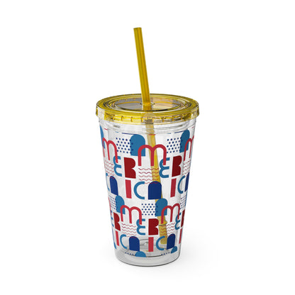 Red Blue Abstract Beach Pattern Tumbler | 16oz Straw Cup