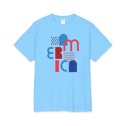 America Abstract Block Letters T-Shirt | Patriotic Red Blue Tee