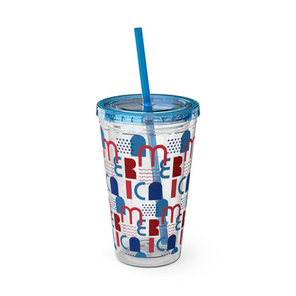Red Blue Abstract Beach Pattern Tumbler | 16oz Straw Cup