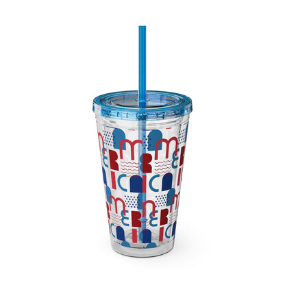 Red Blue Abstract Beach Pattern Tumbler | 16oz Straw Cup