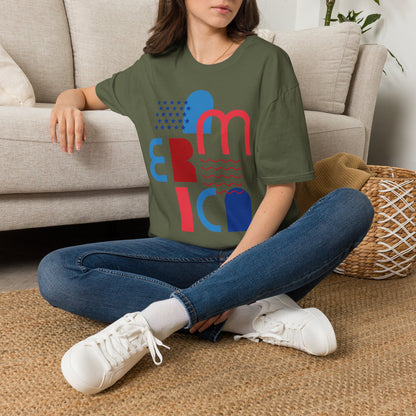 America typographic graphic T-Shirt | Red Blue USA stars waves