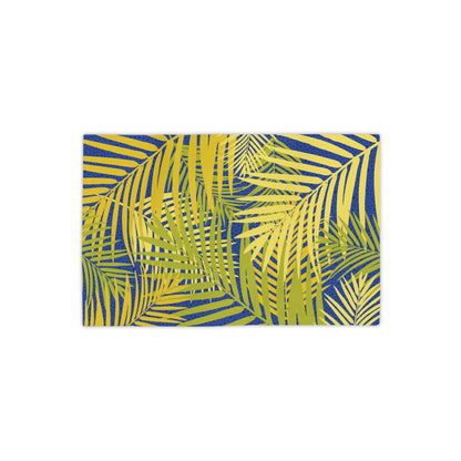 Tropical Palm Leaves Beach Towel | Yellow Palm Fronds on Blue