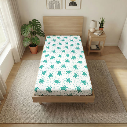 Teal Sea Turtle Pattern Twin Flat Sheet | Ocean Kids Bedding