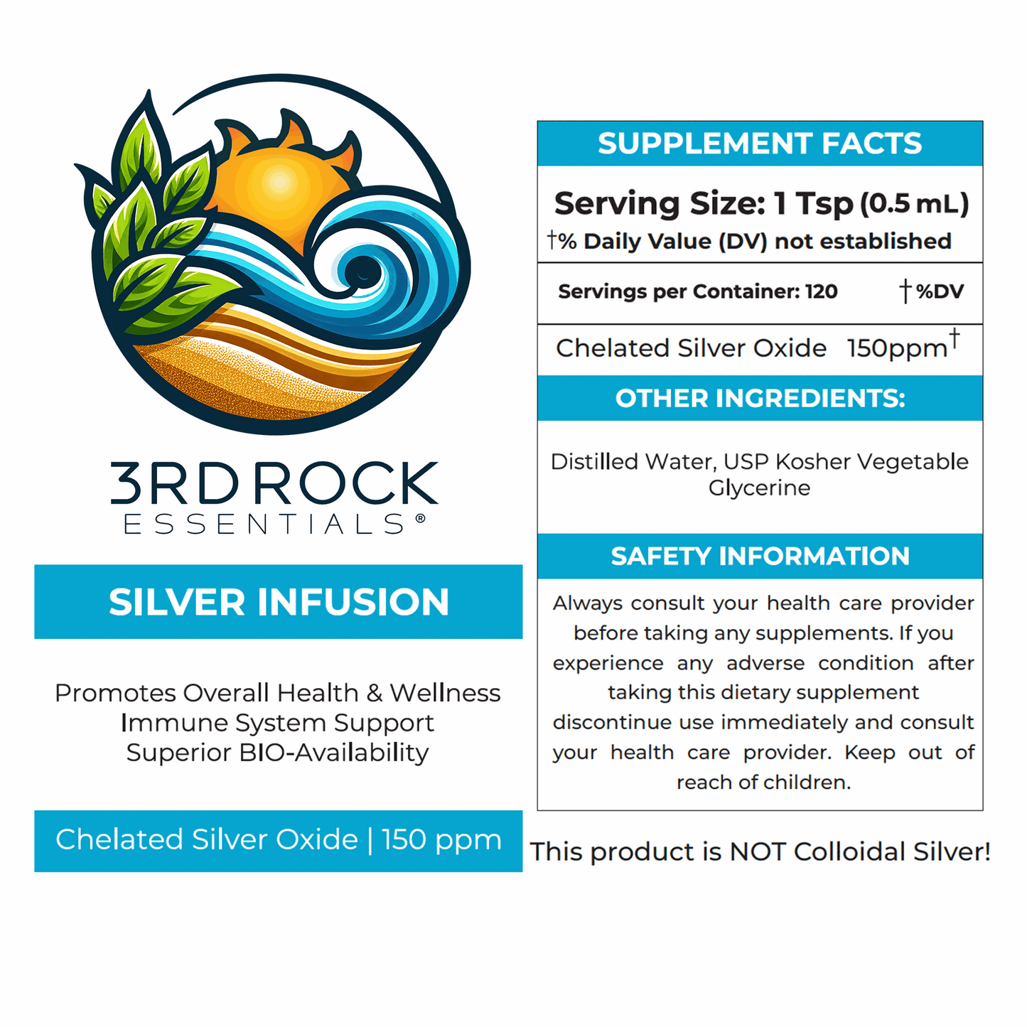 3rd Rock Essentials Silver Infusion – 150 PPM Chelated Silver Oxide Complex Supplement– 16 fl oz
