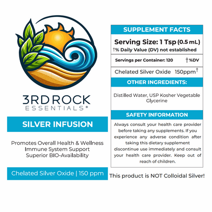 3rd Rock Essentials Silver Infusion – 150 PPM Chelated Silver Oxide Complex Supplement– 16 fl oz