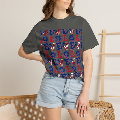 Patriotic LOL Pattern T-Shirt | Red White Blue Text Tee