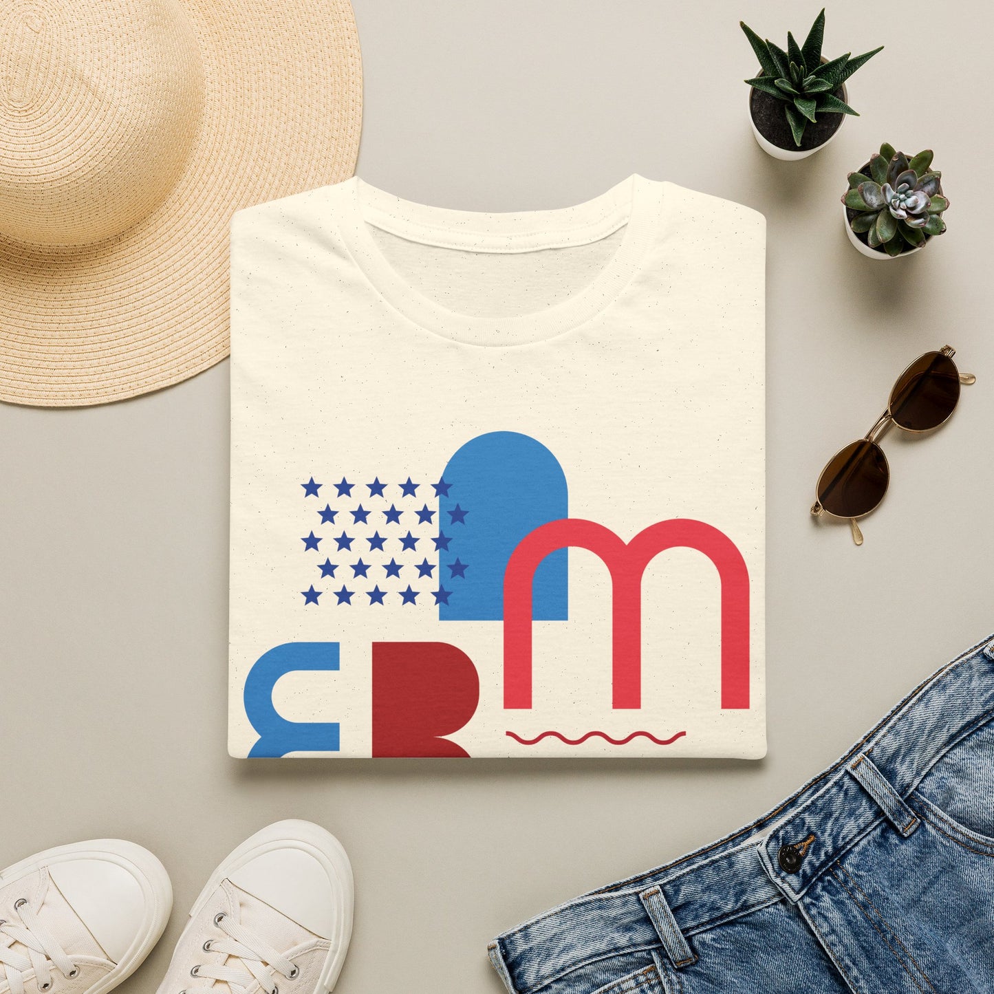 America typographic graphic T-Shirt | Red Blue USA stars waves