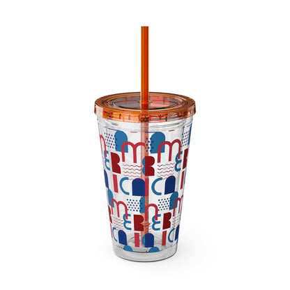 Red Blue Abstract Beach Pattern Tumbler | 16oz Straw Cup