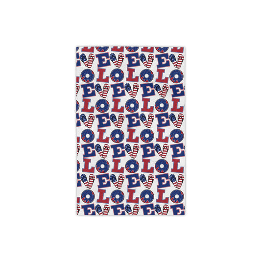 Patriotic LOVE Pattern Beach Towel | American Flag Heart, Red Blue Letters