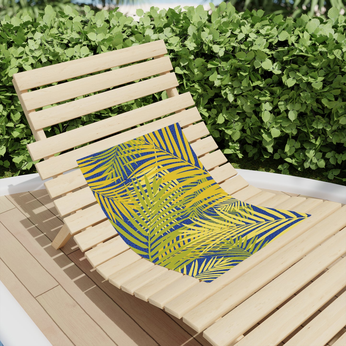 Tropical Palm Leaves Beach Towel | Yellow Palm Fronds on Blue