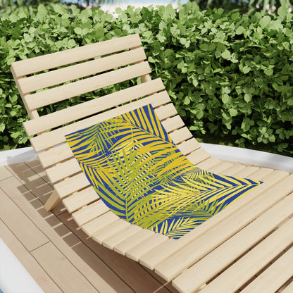 Tropical Palm Leaves Beach Towel | Yellow Palm Fronds on Blue