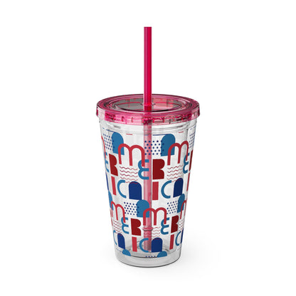 Red Blue Abstract Beach Pattern Tumbler | 16oz Straw Cup