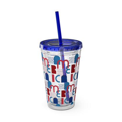Red Blue Abstract Beach Pattern Tumbler | 16oz Straw Cup