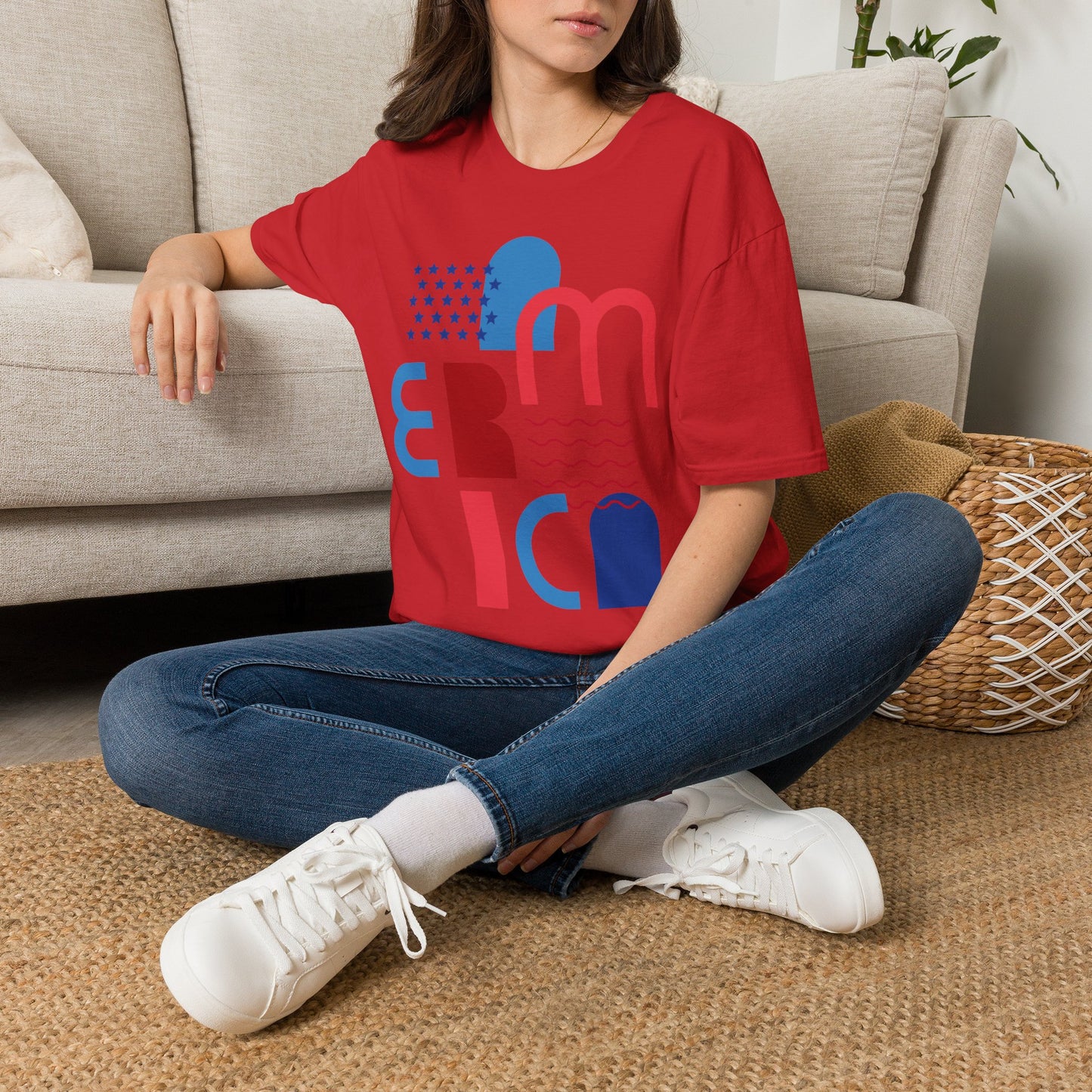 America typographic graphic T-Shirt | Red Blue USA stars waves
