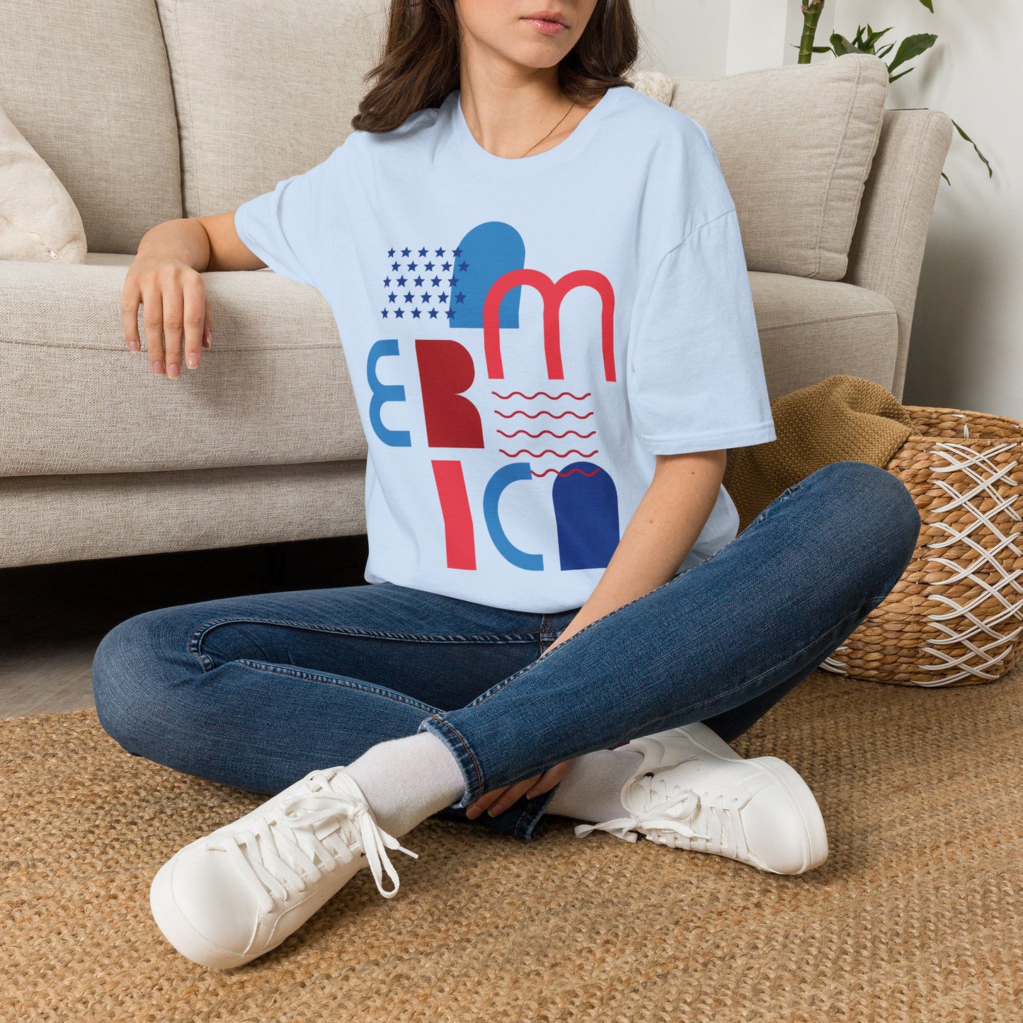 America typographic graphic T-Shirt | Red Blue USA stars waves