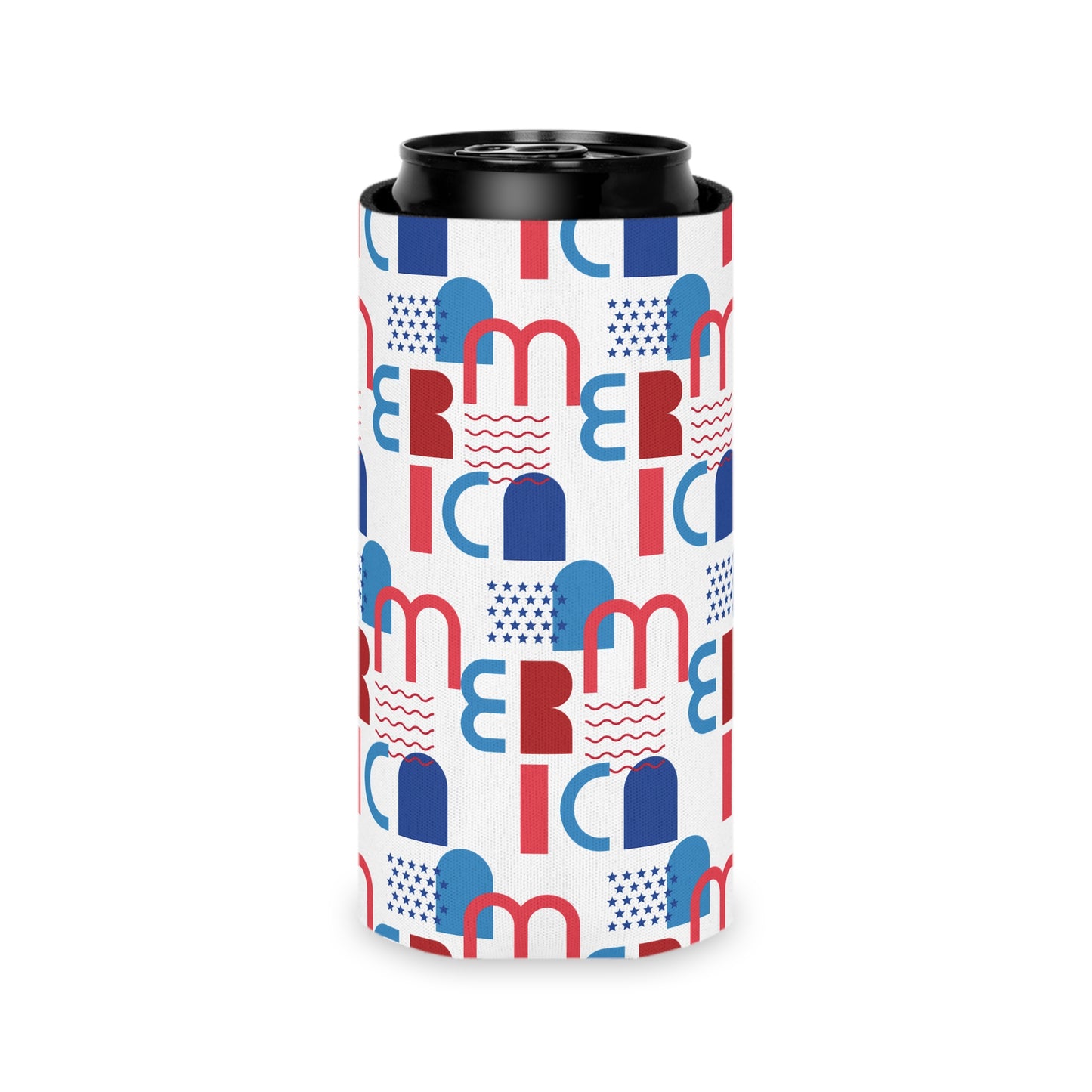 Red Blue Geometric Pattern Can Cooler | Abstract Retro Shapes