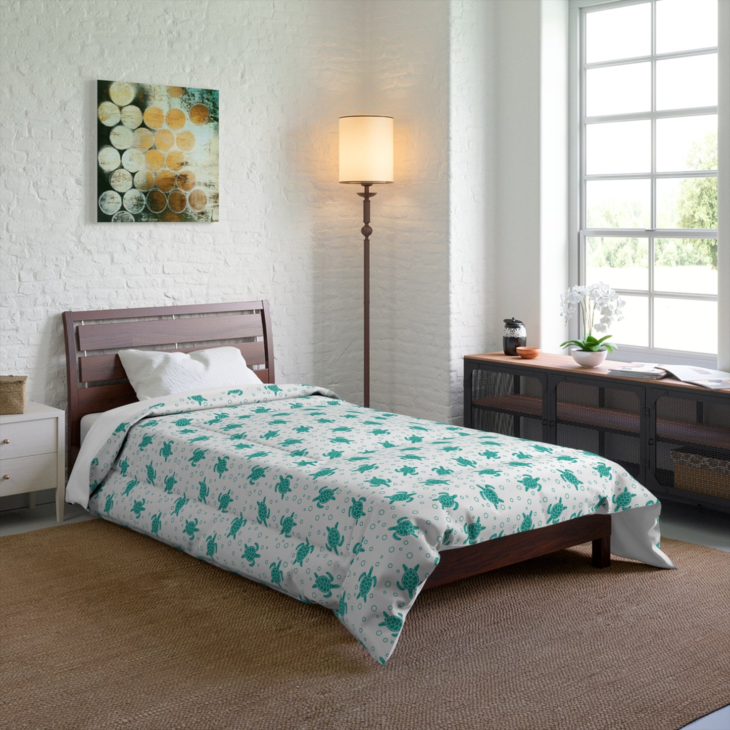 Turquoise Floral Pattern Comforter | Teal Flower All-Over Print