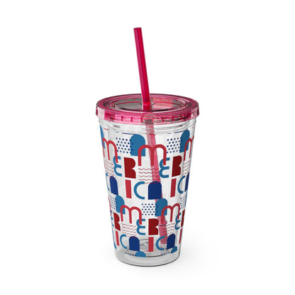 Red Blue Abstract Beach Pattern Tumbler | 16oz Straw Cup