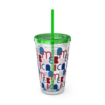 Red Blue Abstract Beach Pattern Tumbler | 16oz Straw Cup