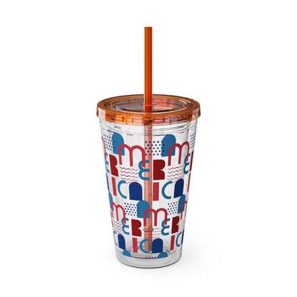 Red Blue Abstract Beach Pattern Tumbler | 16oz Straw Cup