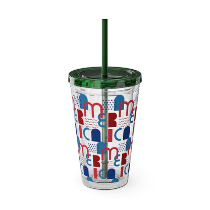 Red Blue Abstract Beach Pattern Tumbler | 16oz Straw Cup