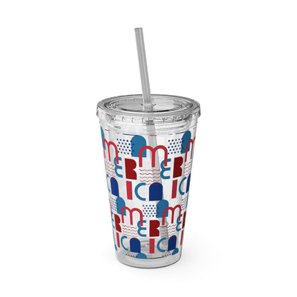 Red Blue Abstract Beach Pattern Tumbler | 16oz Straw Cup