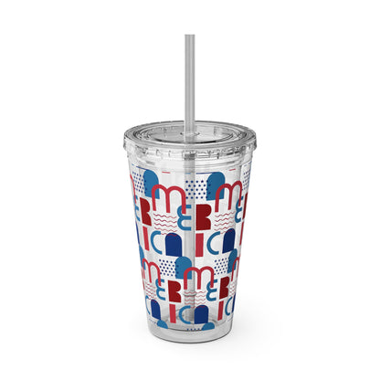 Red Blue Abstract Beach Pattern Tumbler | 16oz Straw Cup