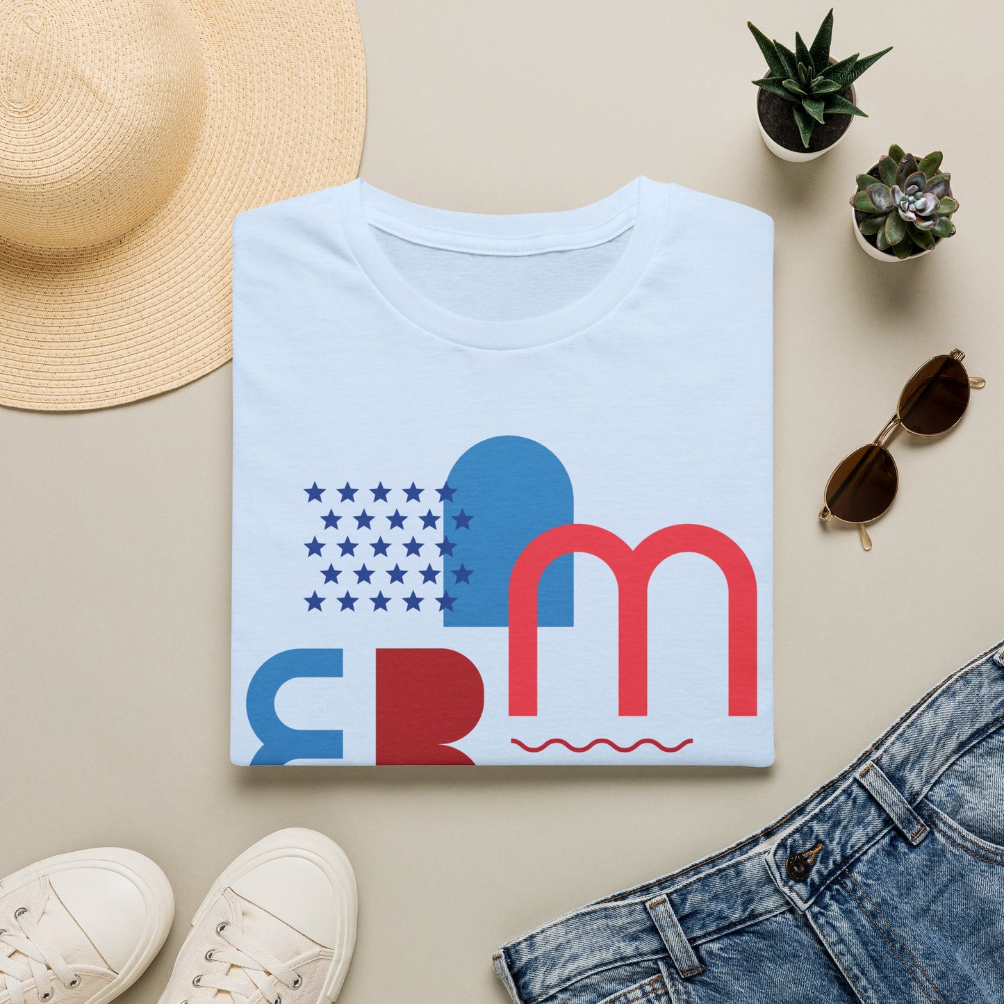 America typographic graphic T-Shirt | Red Blue USA stars waves