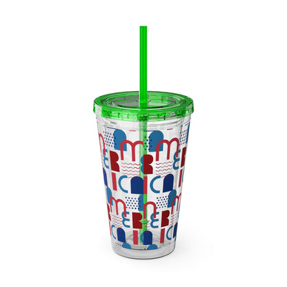 Red Blue Abstract Beach Pattern Tumbler | 16oz Straw Cup