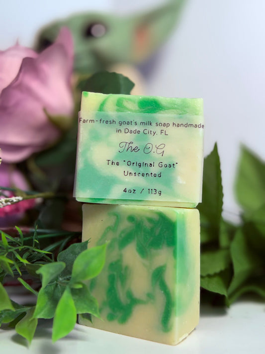 Goat milk soap bar with green swirl, stamped label, unscented 4 oz