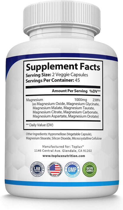 Magnesium Complex Supplement 8 Elemental 1000mg - Magnesium Glycinate, Citrate, Malate, Taurate, Chelated for Easy Absorption for Bones, Muscle, Recovery, Energy, Vegan Non-GMO 90 Capsules