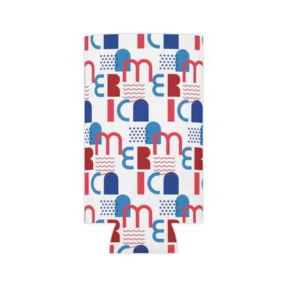 Red Blue Geometric Pattern Can Cooler | Abstract Retro Shapes