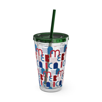 Red Blue Abstract Beach Pattern Tumbler | 16oz Straw Cup
