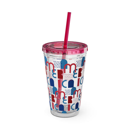 Red Blue Abstract Beach Pattern Tumbler | 16oz Straw Cup